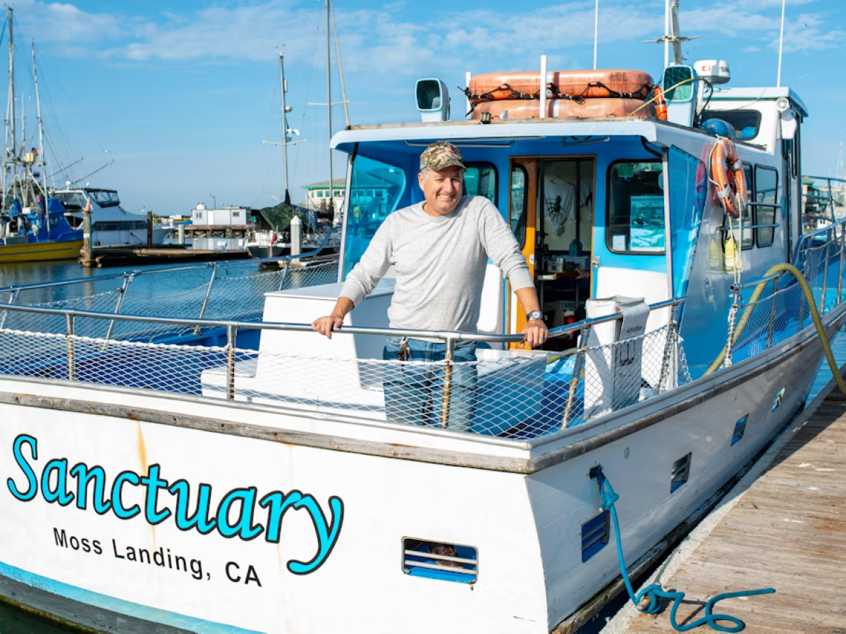 a person in a blue boat docked next to a body of water